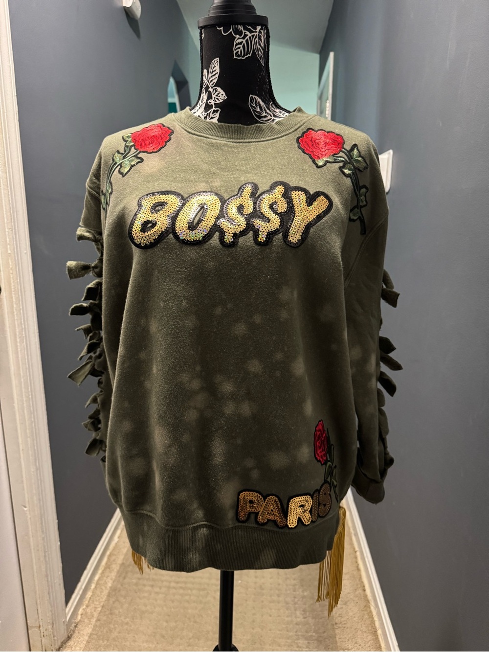 Green 'BOSSY' Embellished Sweatshirt with Rose Appliqués
